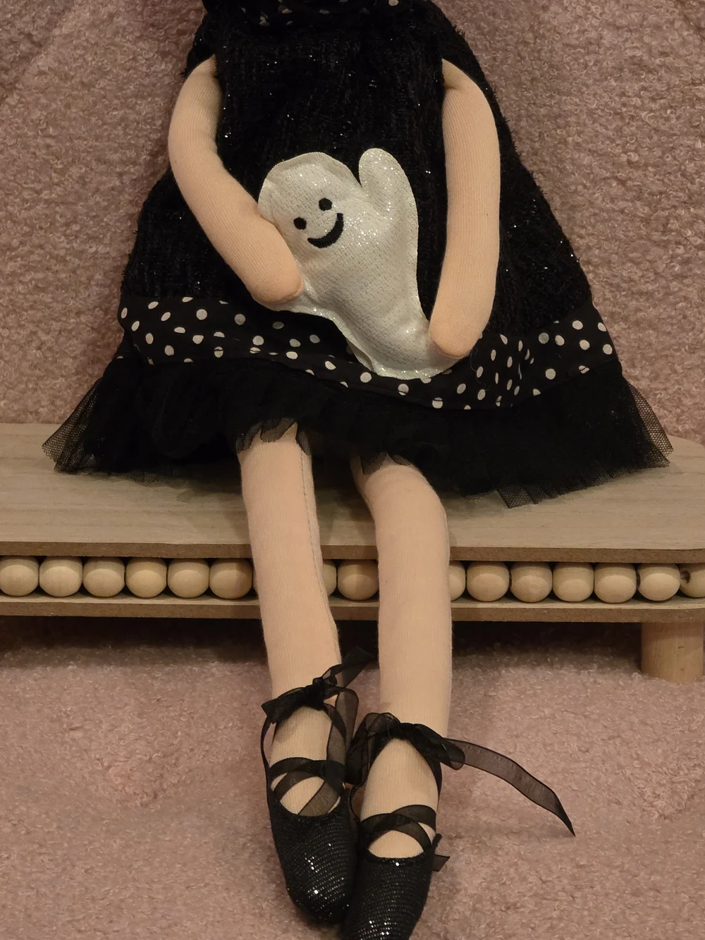 Halloween Ballerina Doll Holding A Ghost Tulle Dress with Bow Shelf Sitter